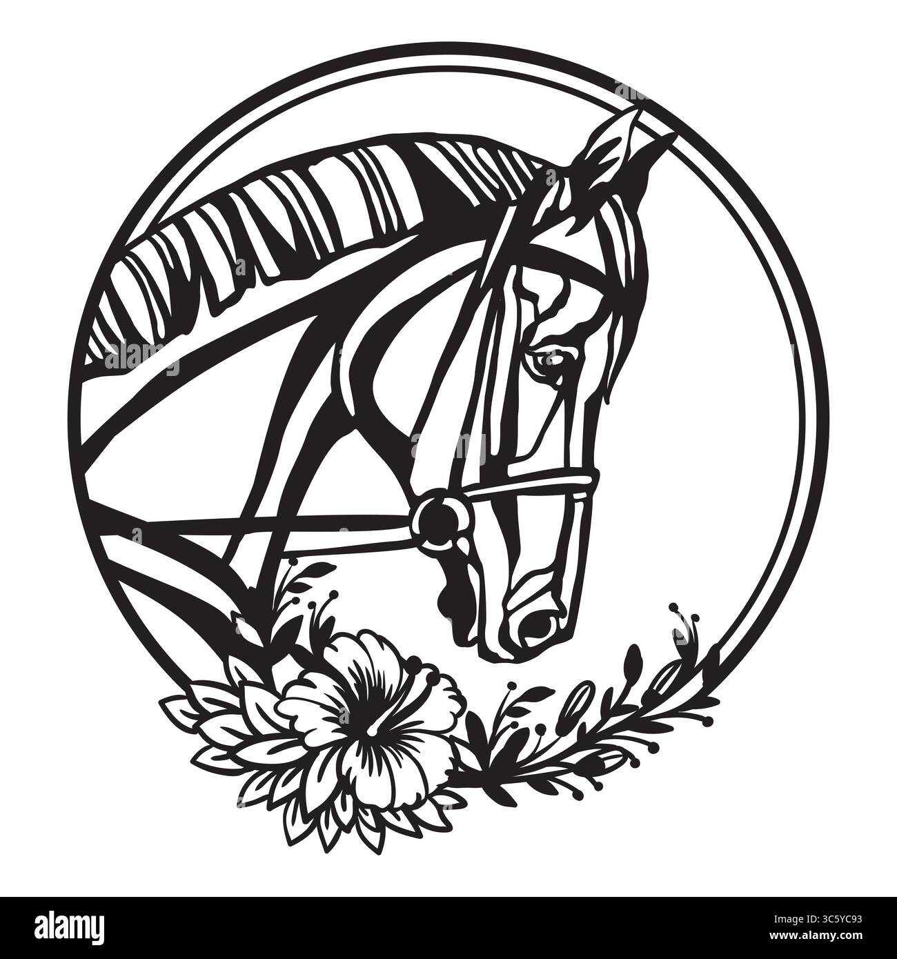 Profilo del cavallo con fiori nell'illustrazione vettoriale del telaio rotondo Illustrazione Vettoriale