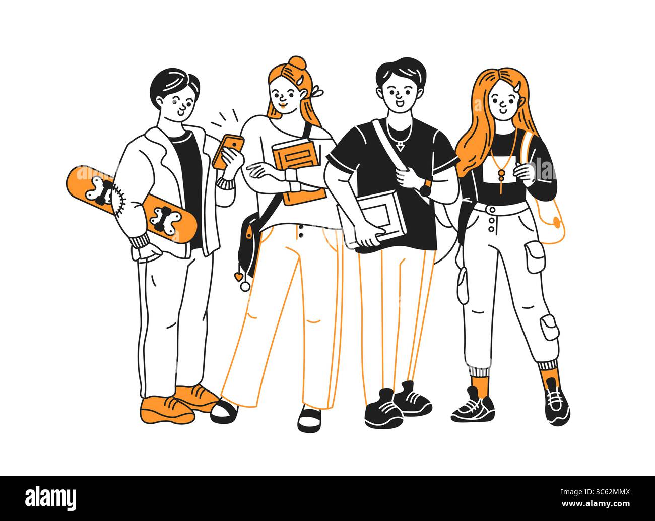 Immagine di un teenager in piedi con abiti e accessori casual. Uno tiene uno skateboard, un altro controlla un telefono, mentre altri h Illustrazione Vettoriale