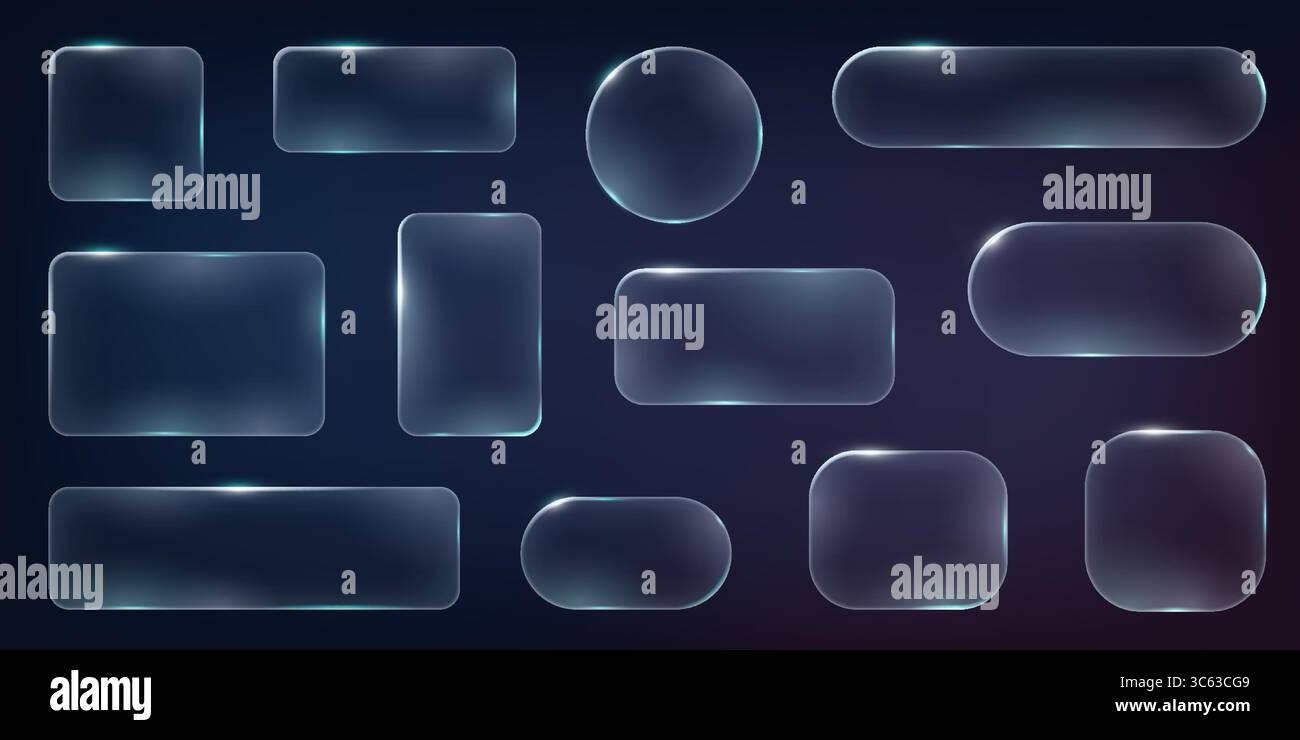 Set di telai e elementi UX dell'interfaccia utente di progettazione nello stile del vetro liquido. Collezione di forme geometriche traslucide con effetto vetroso su uno sfondo scuro Illustrazione Vettoriale