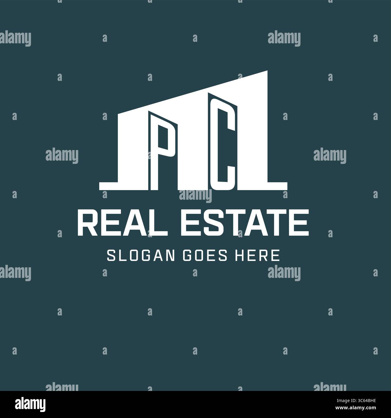 Logo iniziale del PC per il settore immobiliare con semplice grafica vettoriale delle idee di progettazione delle icone degli edifici Illustrazione Vettoriale