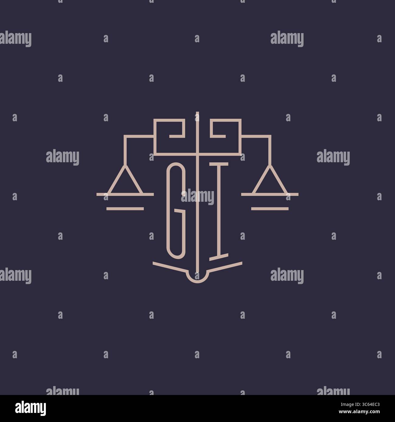 Logo gi con lettera iniziale con scala di giustizia, design geometrico di lusso e grafica vettoriale Illustrazione Vettoriale