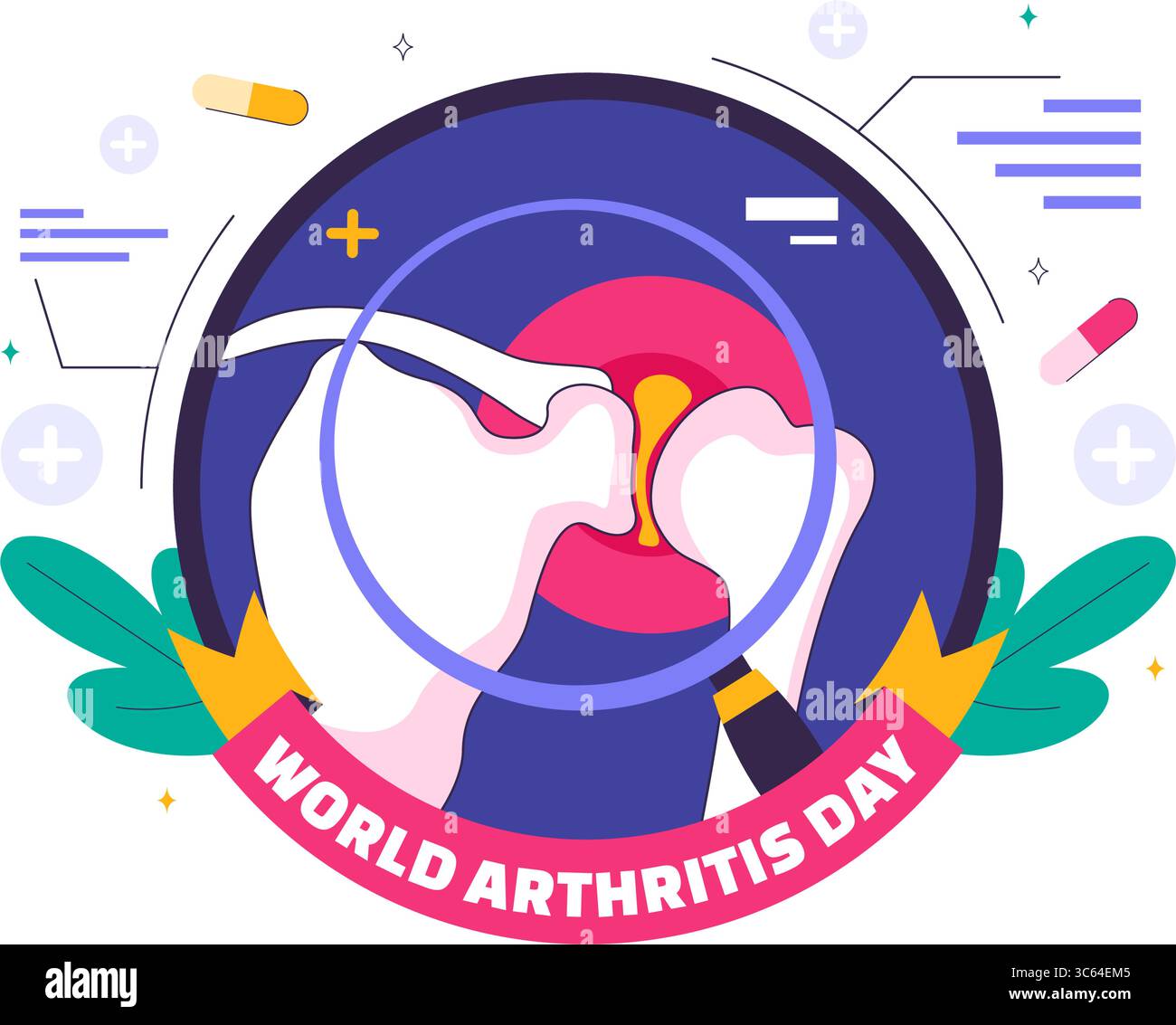 Illustrazione giornata Mondiale dell'artrite con trattamento medico per reumatismi e osteoartrite con una scansione a raggi X e struttura ossea in uno sfondo Illustrazione Vettoriale