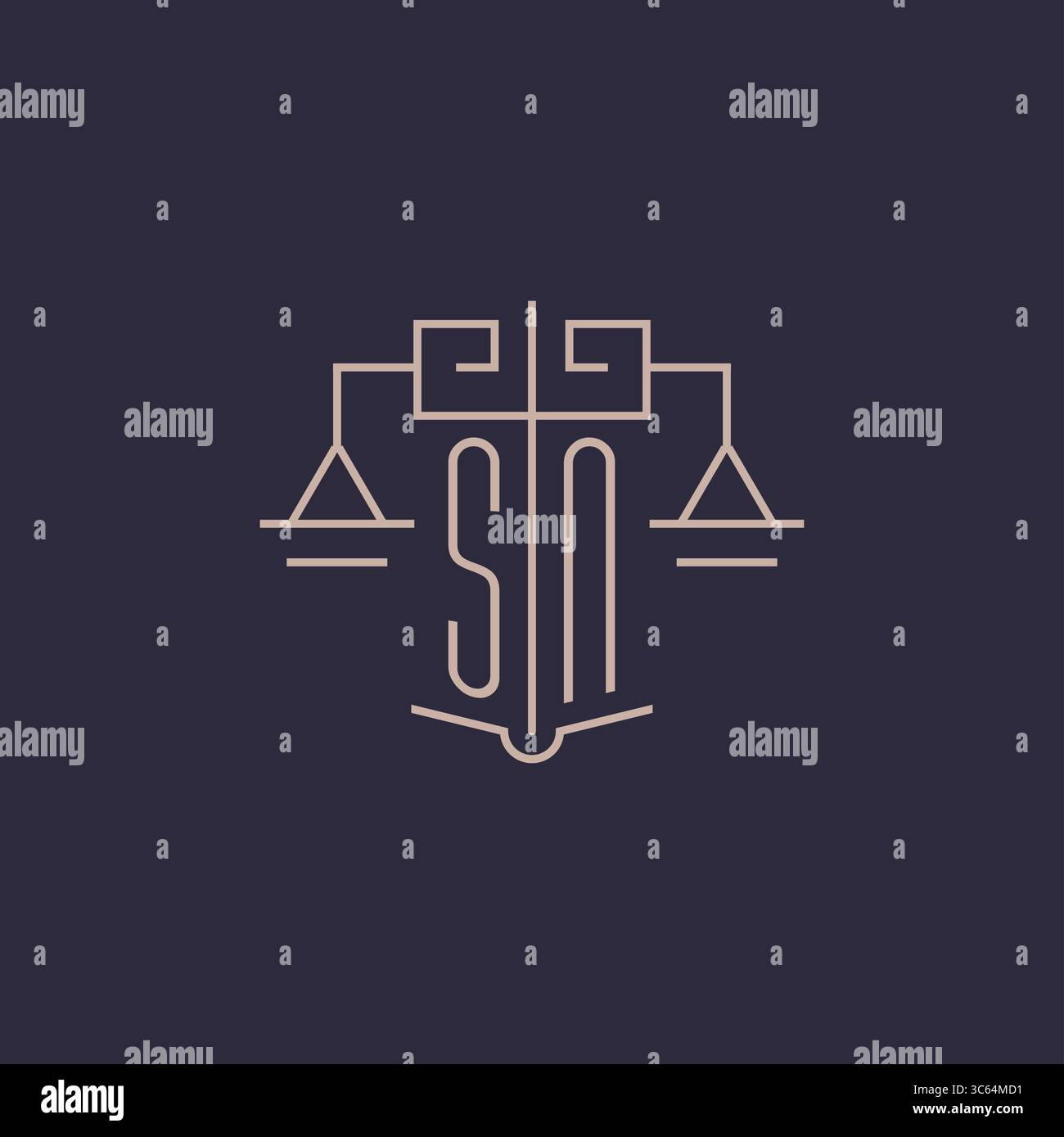 Logo Letter SN iniziale con scala di giustizia, design geometrico di lusso e grafica vettoriale Illustrazione Vettoriale