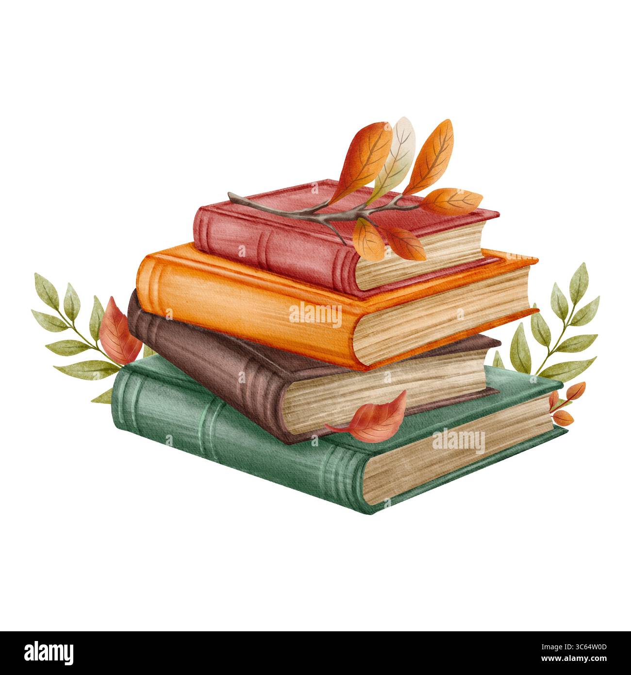 Illustrazione di una pila di libri con foglie autunnali. Realizzato in tecnica acquerello, trasmette l'atmosfera di intimità, lettura e autunno Foto Stock