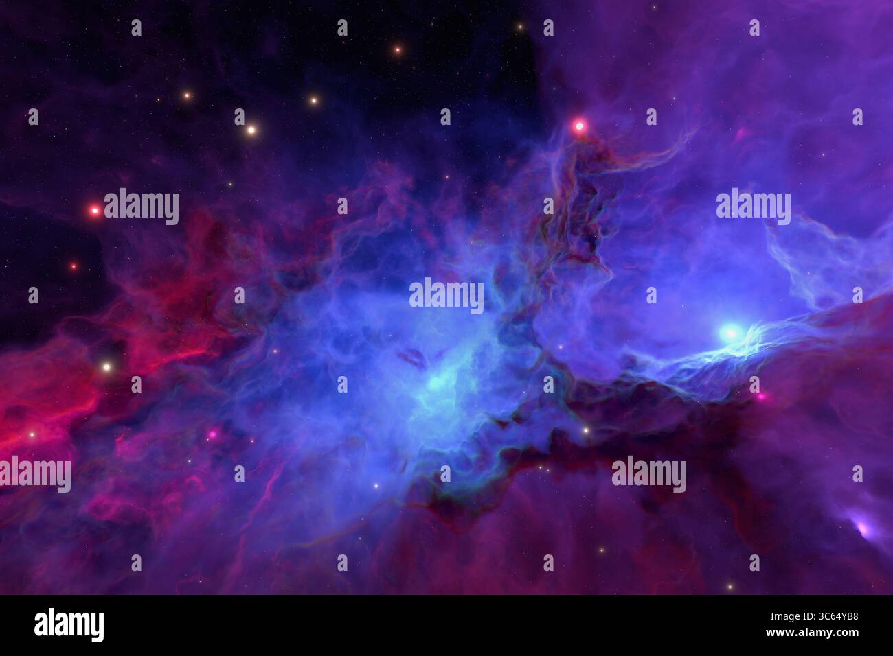 Nebulosa colorata e vorticosa con nuvole di gas e stelle sparse. Foto Stock