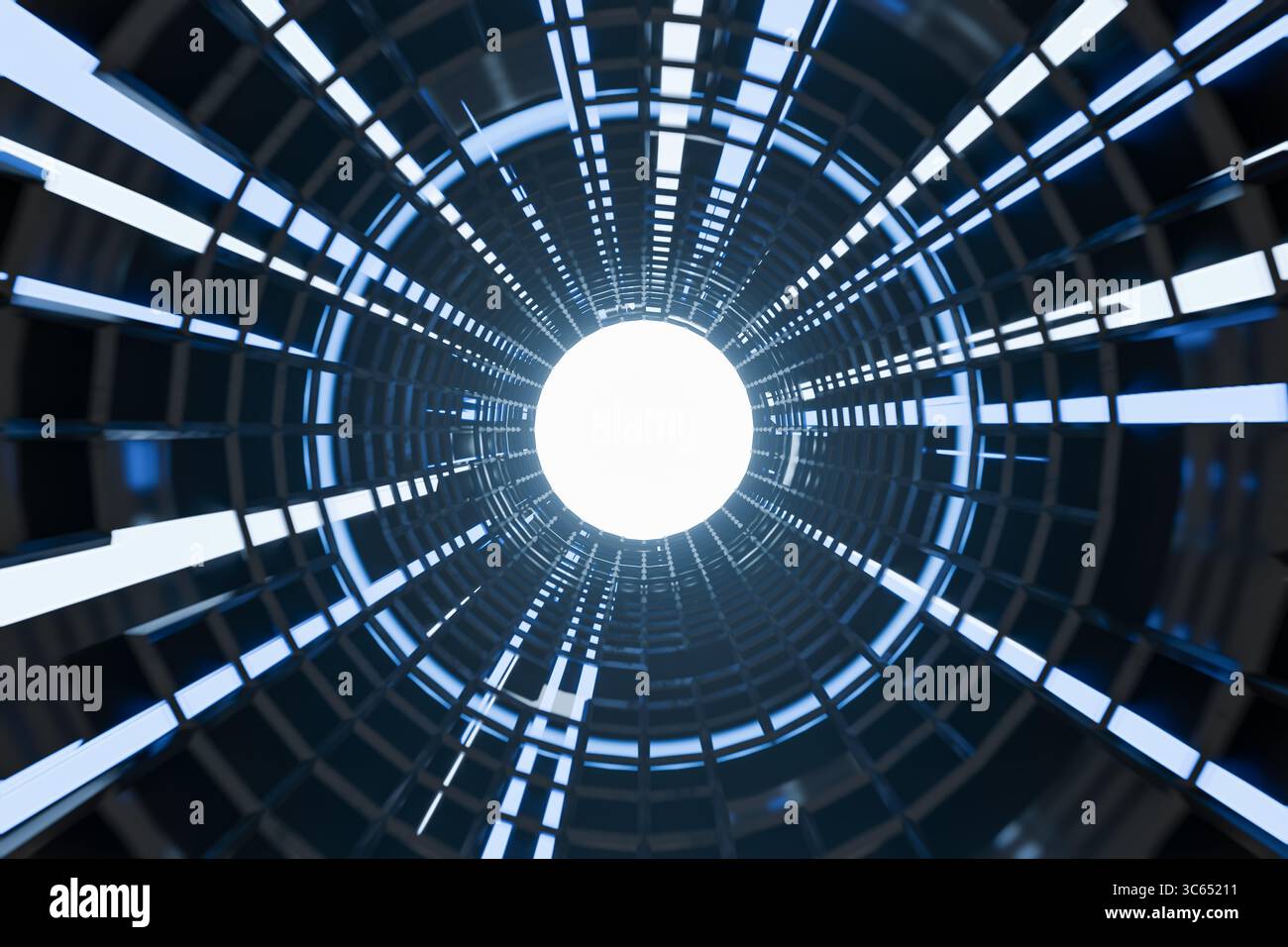 Un tunnel blu e bianco high-tech con una luce brillante alla fine, con un design futuristico. Foto Stock
