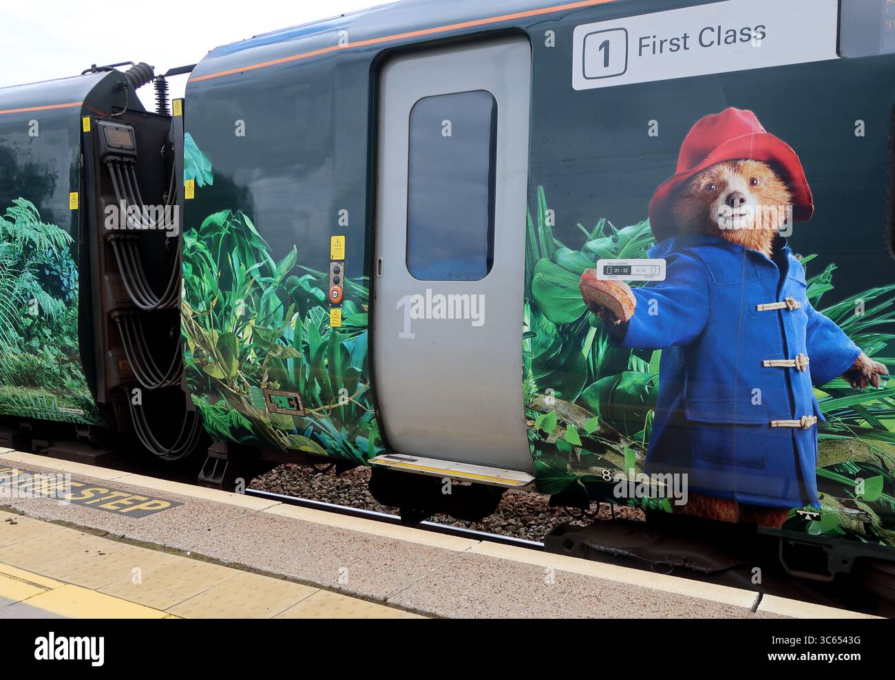 GWR Paddington in Perù, treno che pubblicizza il terzo film di Paddington, visto qui a Totnes, dietro l'auto a motore n. 802106. Foto Stock