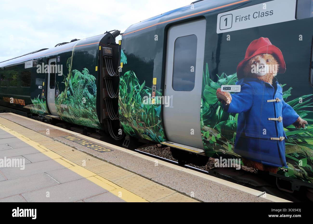 GWR Paddington in Perù, treno che pubblicizza il terzo film di Paddington, visto qui a Totnes, dietro l'auto a motore n. 802106. Foto Stock