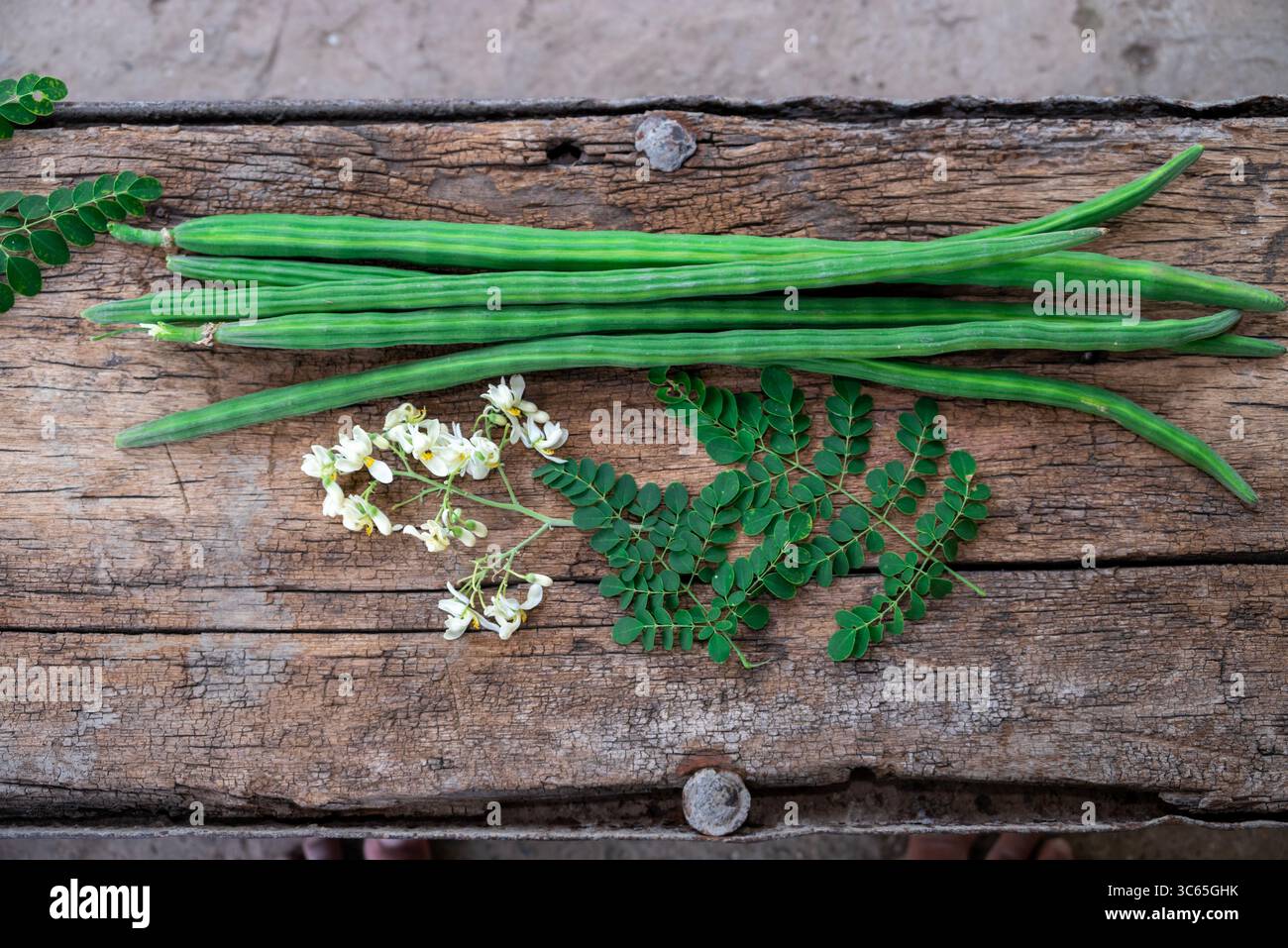 Cialde di bacchette di bacchette di verdure e foglie sane. Moringa Oleifera con foglie su fondo in legno Foto Stock
