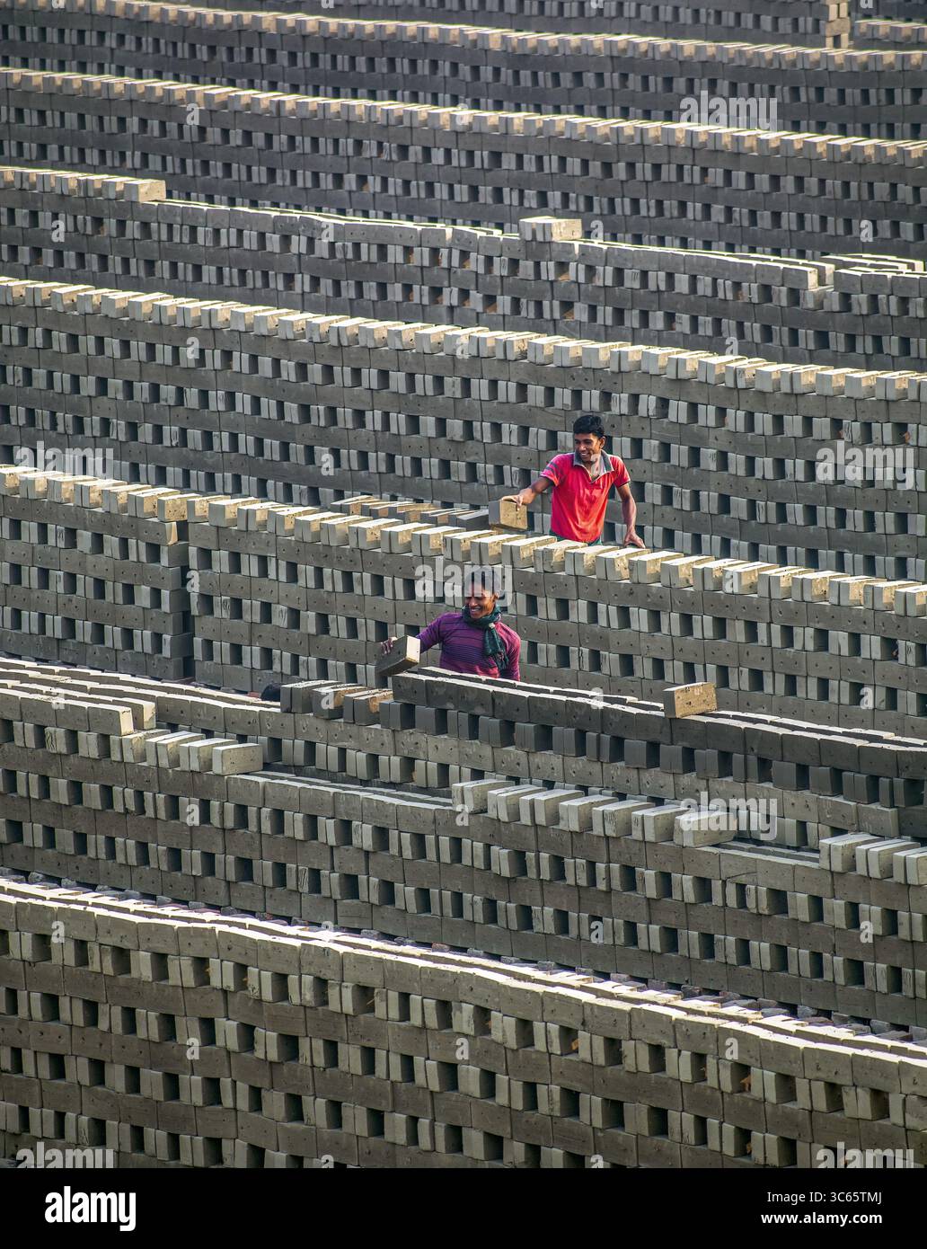 Gokul, Bangladesh - 27 novembre 2017: Veduta dei lavoratori in mezzo a pile di mattoni grigi, i loro abiti luminosi un netto contrasto con il monotono paesaggio. Foto Stock