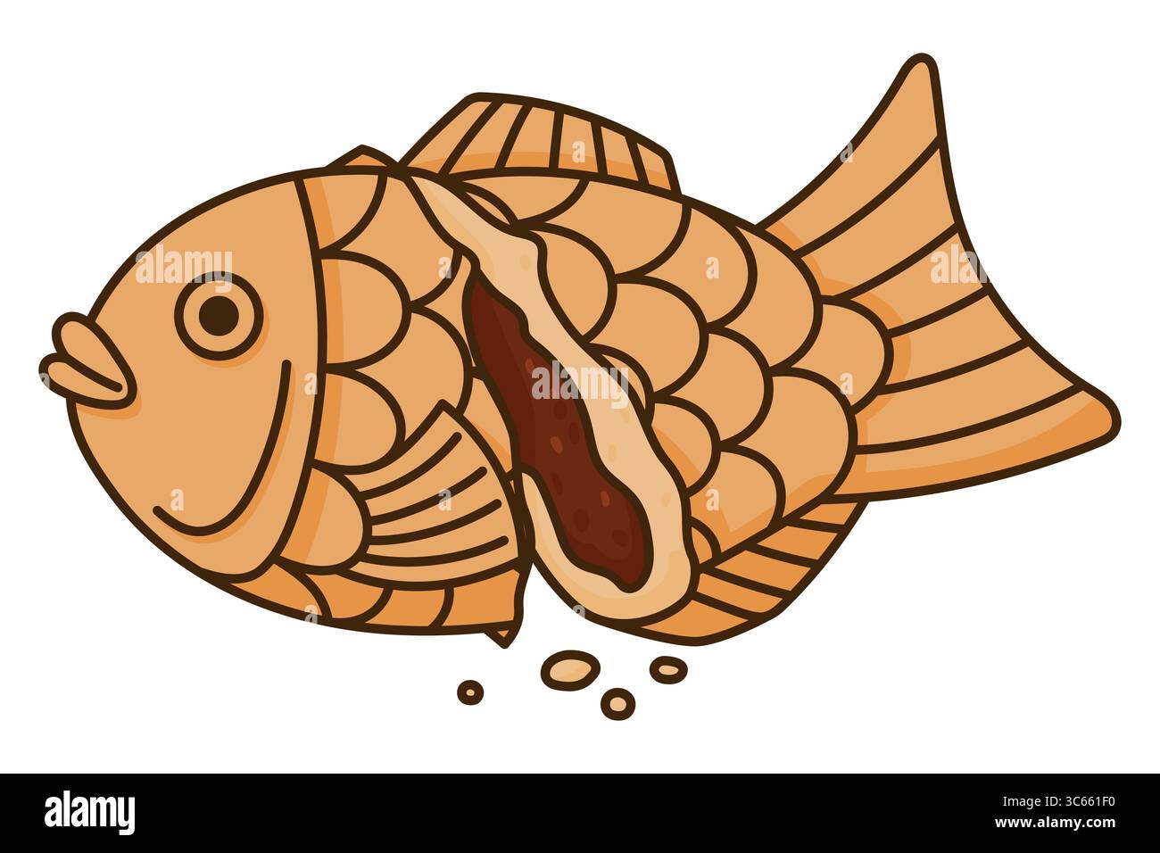 pasticceria giapponese Taiyaki. Torta a forma di pesce farcita con fagioli di adzuki rossi. Cibo di strada giapponese Illustrazione Vettoriale