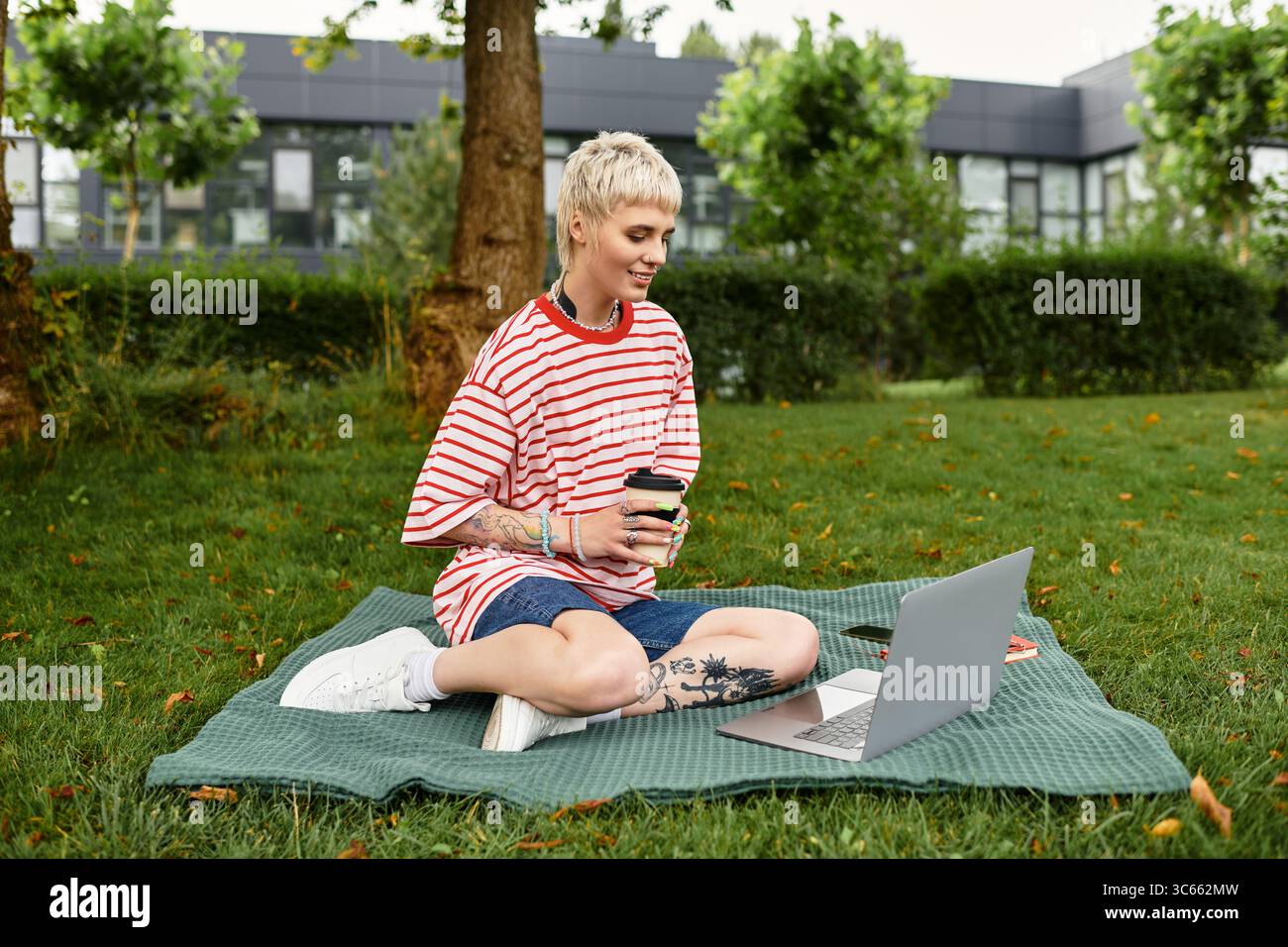 Una giovane donna siede su una coperta nel parco, concentrandosi sul suo notebook con un drink caldo in mano. Foto Stock