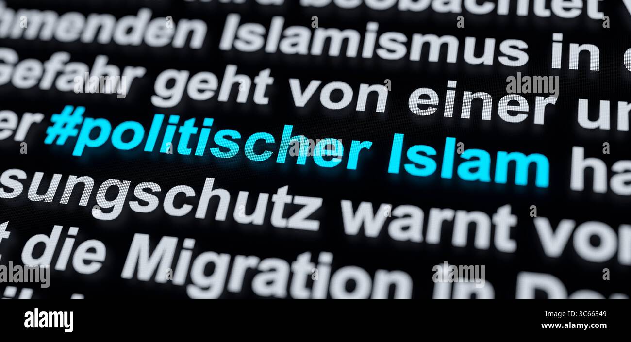 Islamismus Islamism hashtag o pubblicazione sui social media. Islamismus Islamism hashtag o pubblicazione su social media, Internet o le ultime notizie. Islam politico, ideologia che si oppone allo stato e all'ordine sociale esistenti. Radicalizzazione, integrazione, migrazione, fede musulmana. text hashtag politischer islam Foto Stock