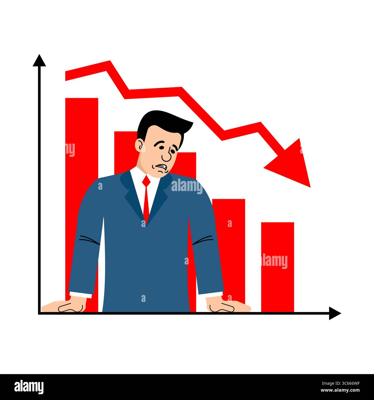 Uomo d'affari preoccupato con grafico finanziario che mostra un netto declino. Adatto per temi di crisi, perdita, recessione economica, fallimento degli investimenti e recessione Illustrazione Vettoriale