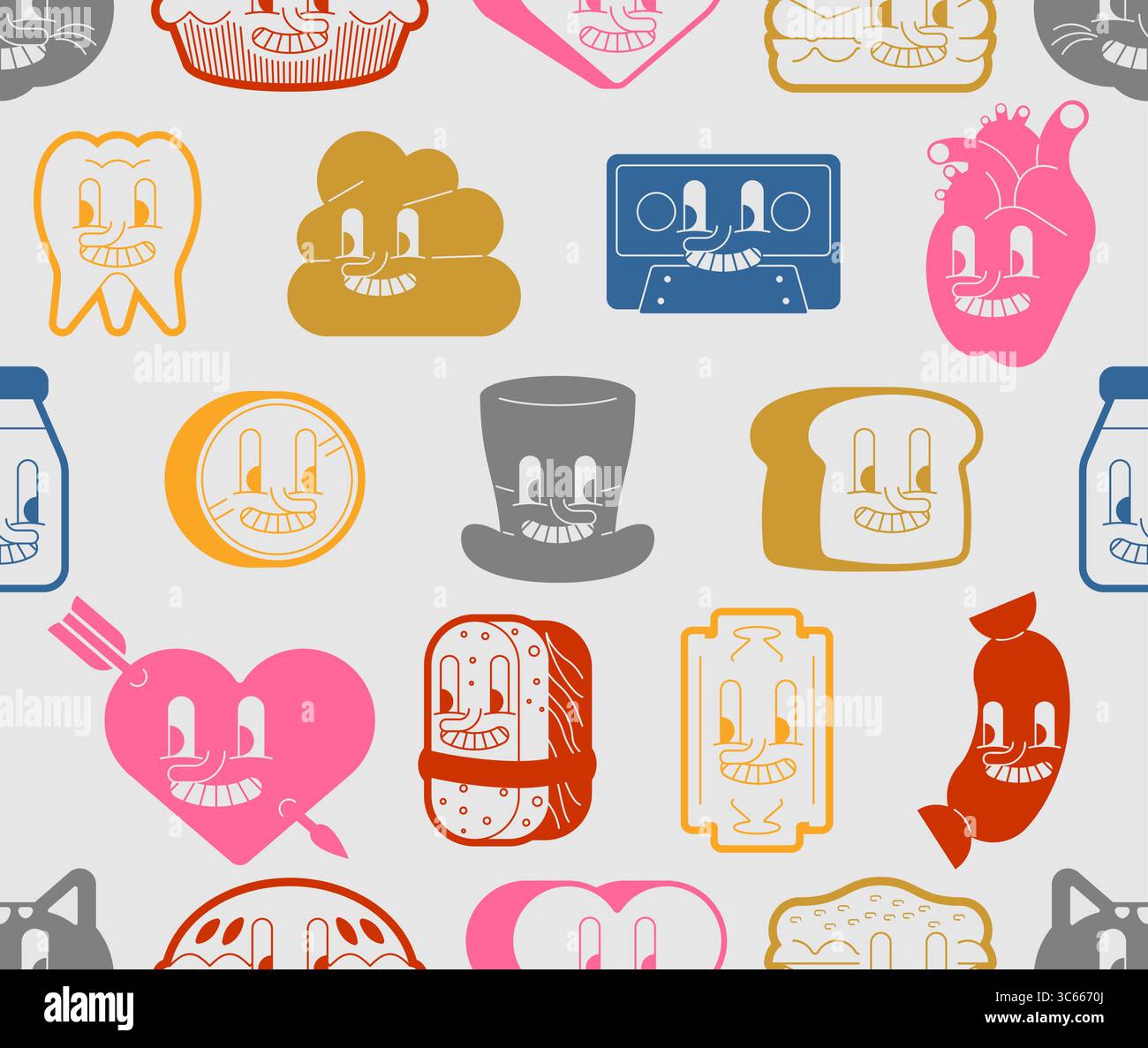 Motivo senza cuciture con stravaganti icone a fumetti su sfondo beige. Le divertenti illustrazioni includono pane, cuori, denti, robot e volti sorridenti. Grea Illustrazione Vettoriale