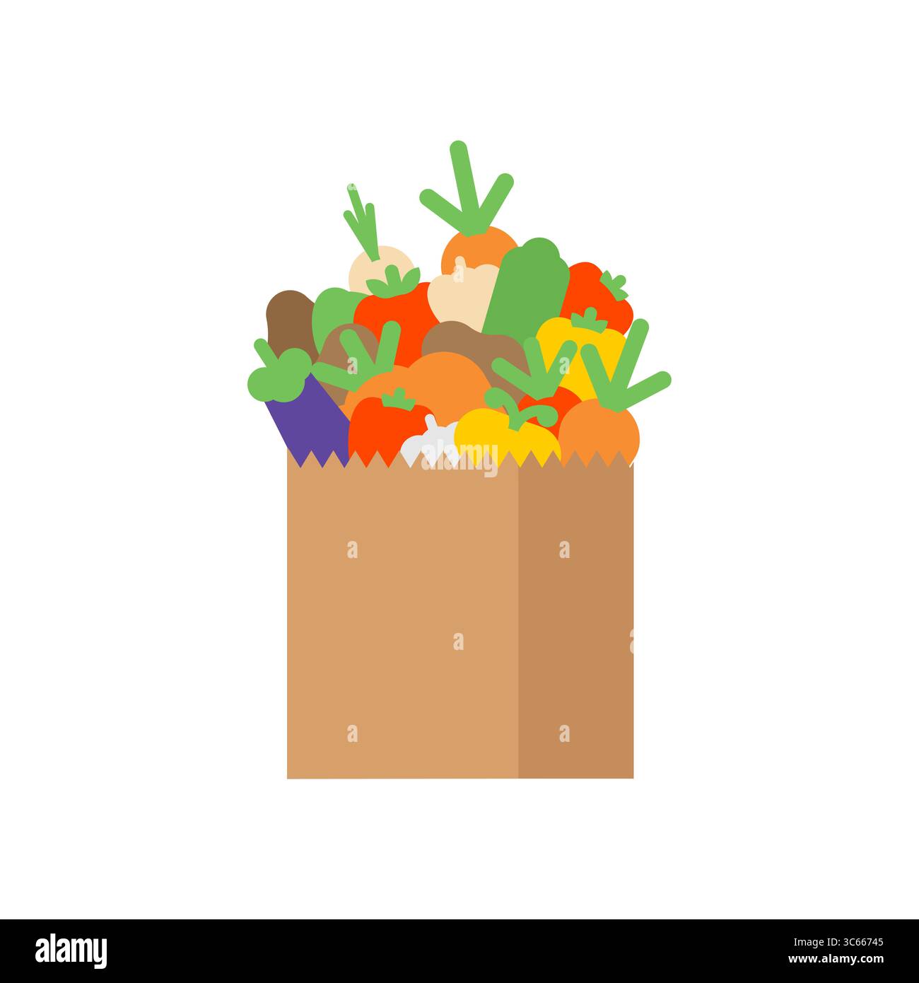 Sacchetto della spesa di carta pieno di verdure fresche. Simbolo di un'alimentazione sana, shopping ecologico e prodotti agricoli locali. Ideale per alimenti biologici o sus Illustrazione Vettoriale