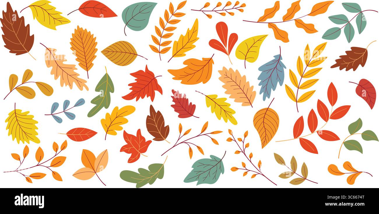 Collezione di foglie autunnali in tonalità morbide. Foglie di diverse dimensioni e forme, variazione di alberi ramoscelli clip art. Set botanico autunnale, vettoriale Illustrazione Vettoriale