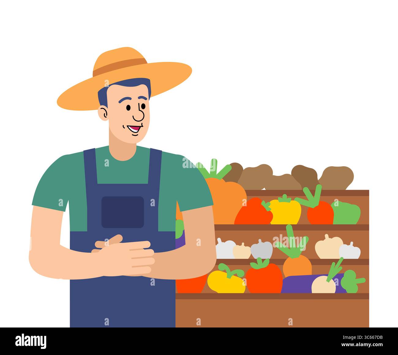 agricoltore in uno stand di verdure pieno di prodotti freschi. Simbolo dell'agricoltura locale, dell'alimentazione biologica e dell'agricoltura sostenibile. Ottimo per il mercato agricolo An Illustrazione Vettoriale