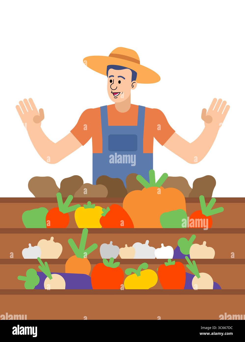 allegro agricoltore che vende verdure fresche al mercato. Rappresenta il successo dell'agricoltura, uno stile di vita sano, i prodotti locali e la crescita delle piccole imprese. Ideale Illustrazione Vettoriale