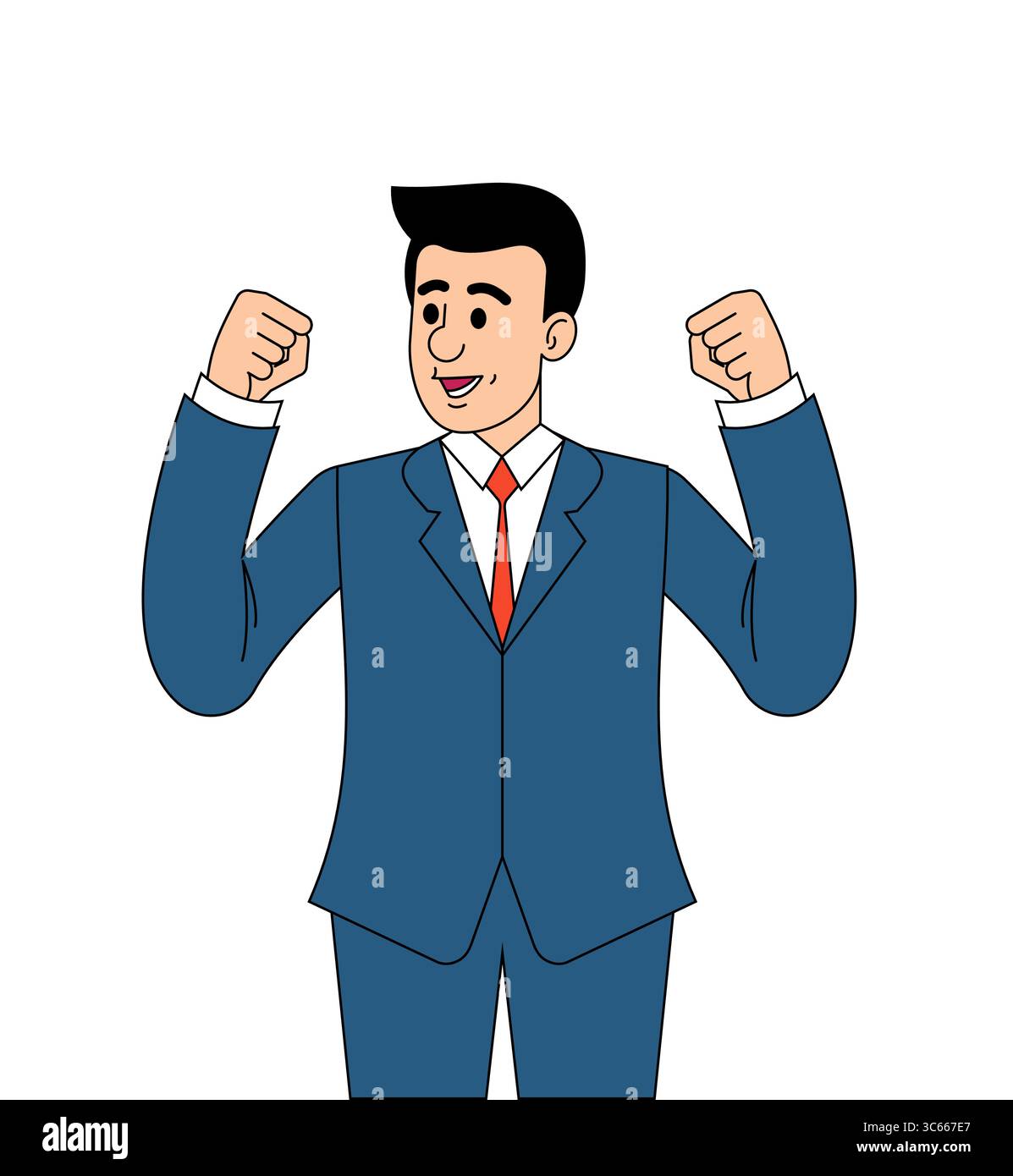 Un uomo d'affari sorridente in una tuta che mostra la posa della vittoria. Concetto di successo, successo, fiducia e crescita professionale. Ottimo per aziende e aziende Illustrazione Vettoriale