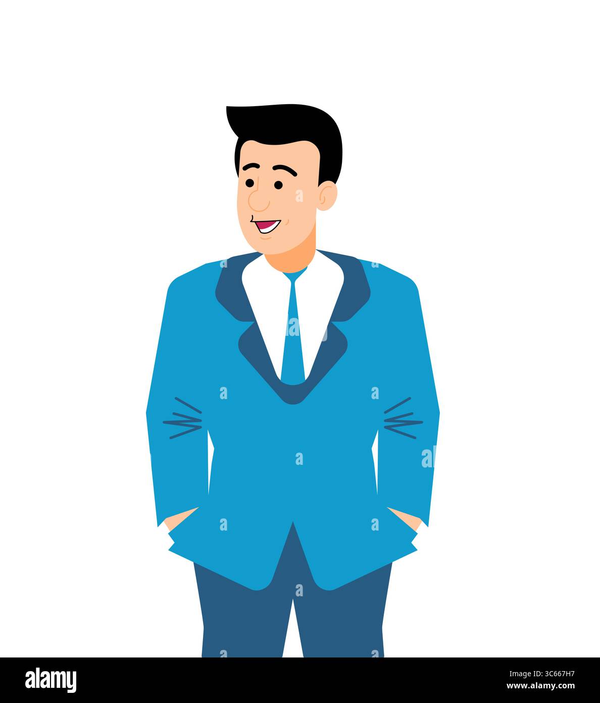 Vettore piatto di un uomo d'affari sicuro con un abito blu. Ideale per temi aziendali, professionali, di leadership o personali del marchio. Illustrazione Vettoriale