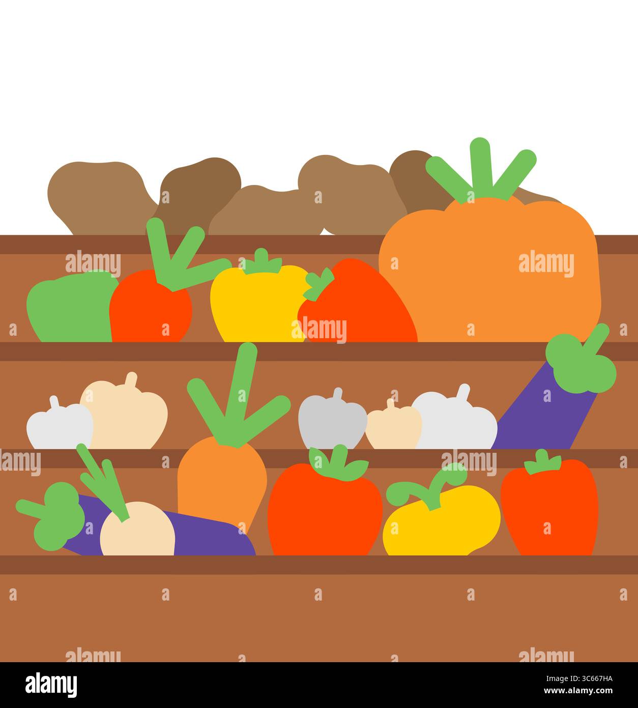 verdure fresche su una stalla di legno. Perfetto per i mercati agricoli, l'alimentazione biologica, l'agricoltura e i prodotti locali. Illustrazione Vettoriale