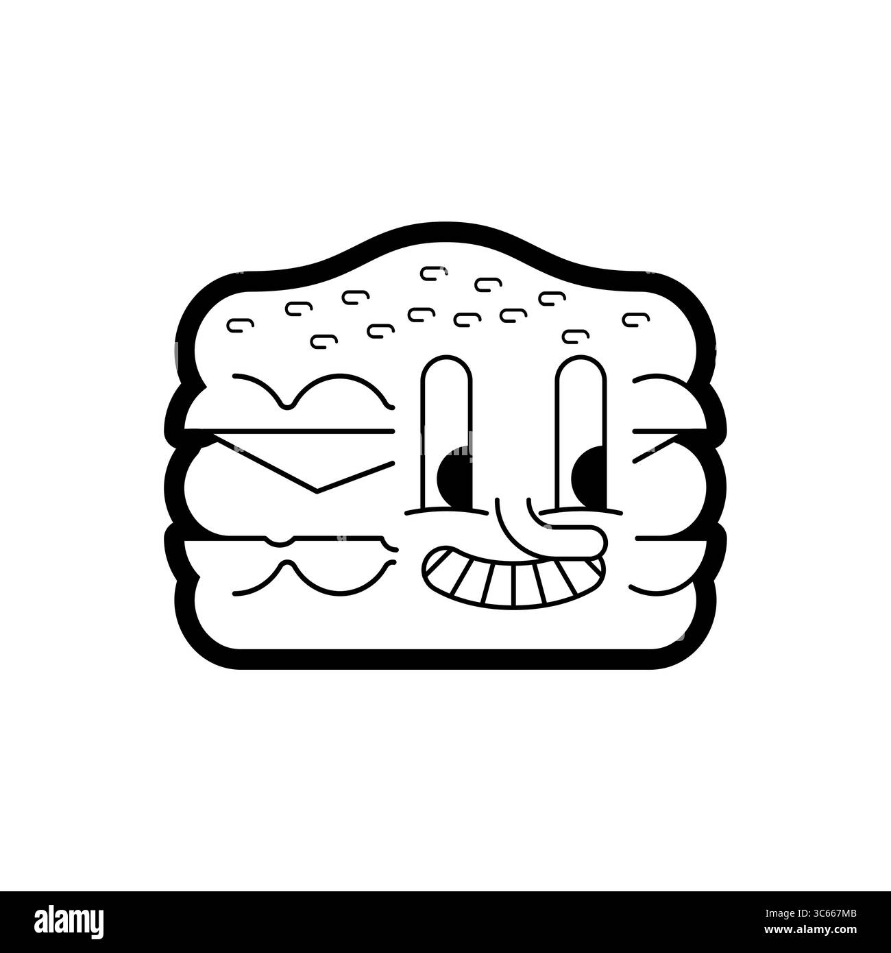 Divertente personaggio di hamburger dei cartoni animati con faccia sorridente e panino di sesamo. Perfetto per il branding di fast food, menu per bambini e divertenti illustrazioni. Illustrazione Vettoriale