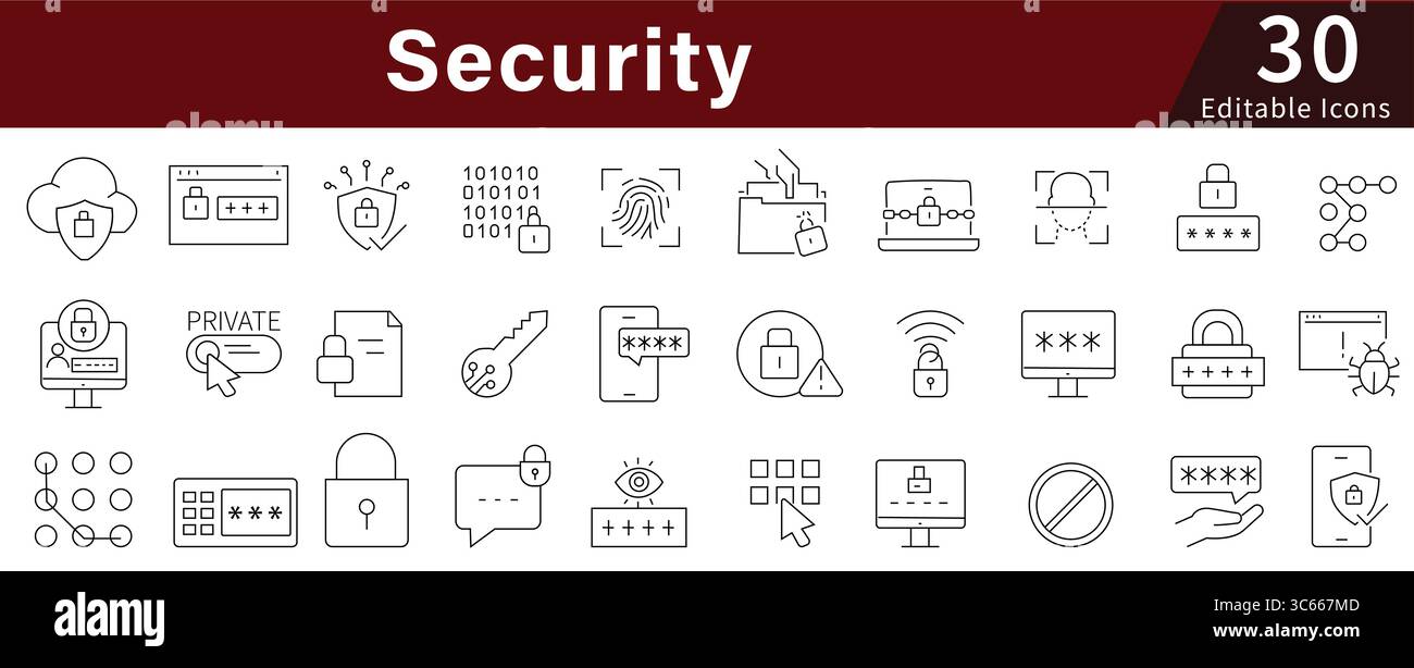 Icone di linea modificabili di sicurezza impostate per protezione dati, privacy, cibersicurezza e controllo accesso Illustrazione Vettoriale