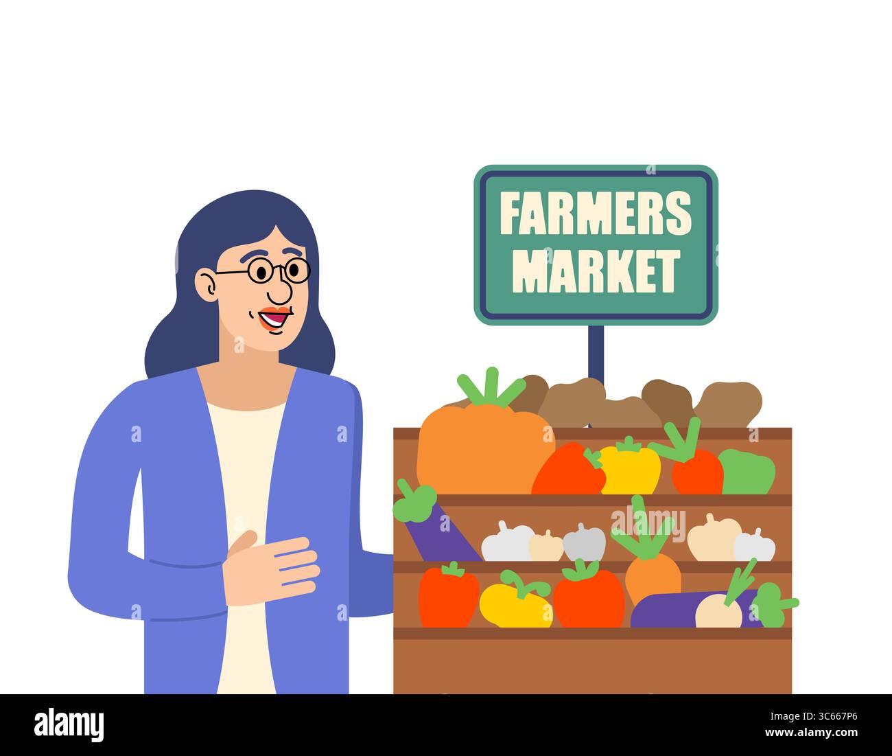 Immagine piatta di una donna che si trova in una bancarella di un mercato agricolo piena di verdure biologiche. Ottimo per argomenti legati all'agricoltura locale, alla sostenibilità Illustrazione Vettoriale