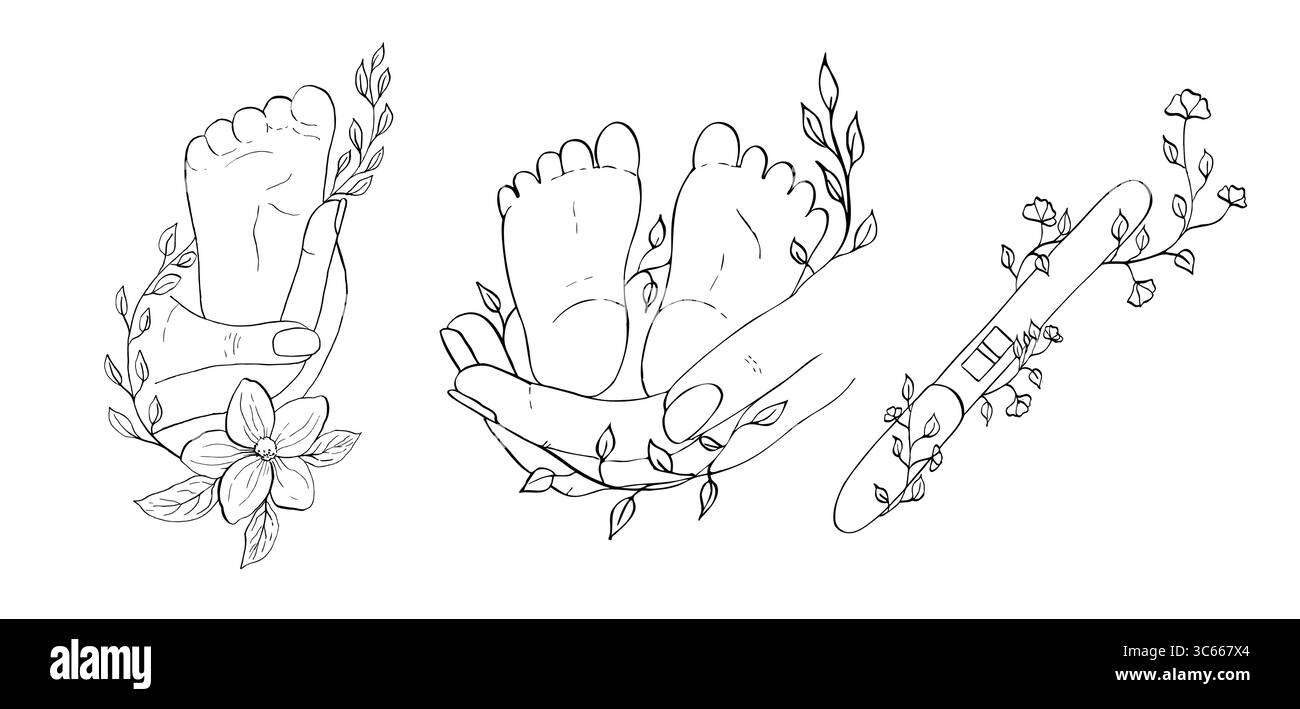 Serie di illustrazioni vettoriali. Genitore che tiene in mano i piedi del neonato. Test di gravidanza positivo avvolto intorno al ramo in fiore. Verniciato a mano in modo lineare Illustrazione Vettoriale