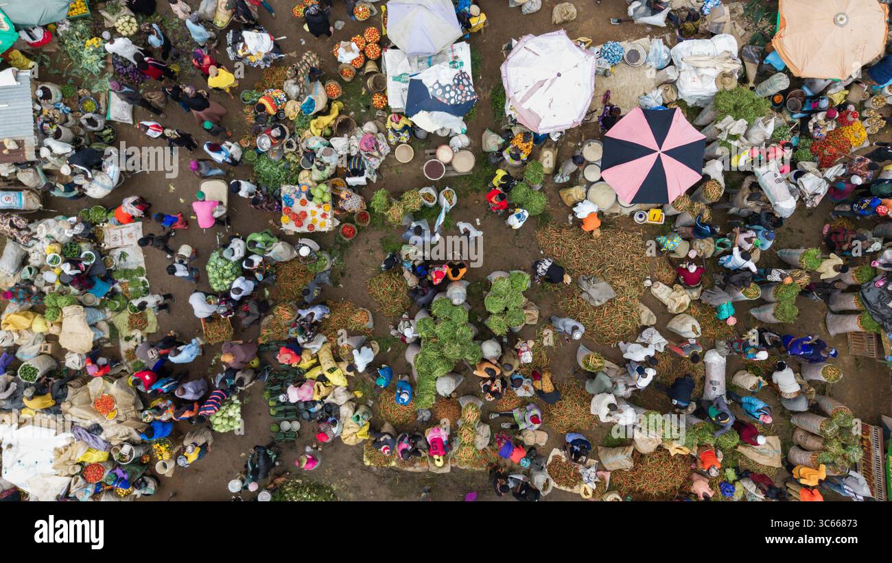Vista aerea delle vivaci bancarelle del mercato sotto una tettoia di ombrelloni, dove venditori e clienti convergono in un vivace arazzo commerciale, Jos, Plate Foto Stock