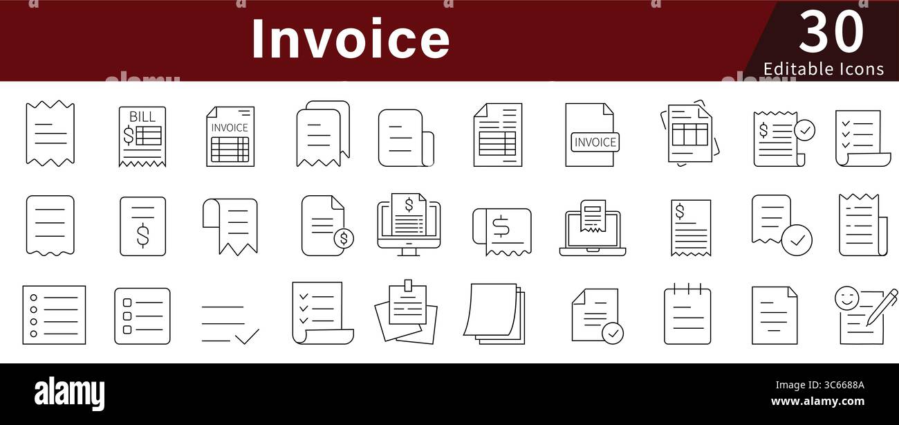 Icone riga modificabili fattura impostate per fatturazione, pagamento, attività e documentazione finanziaria Illustrazione Vettoriale