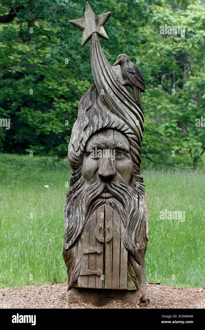 Testa in legno scolpita a Westonbirt. Foto Stock