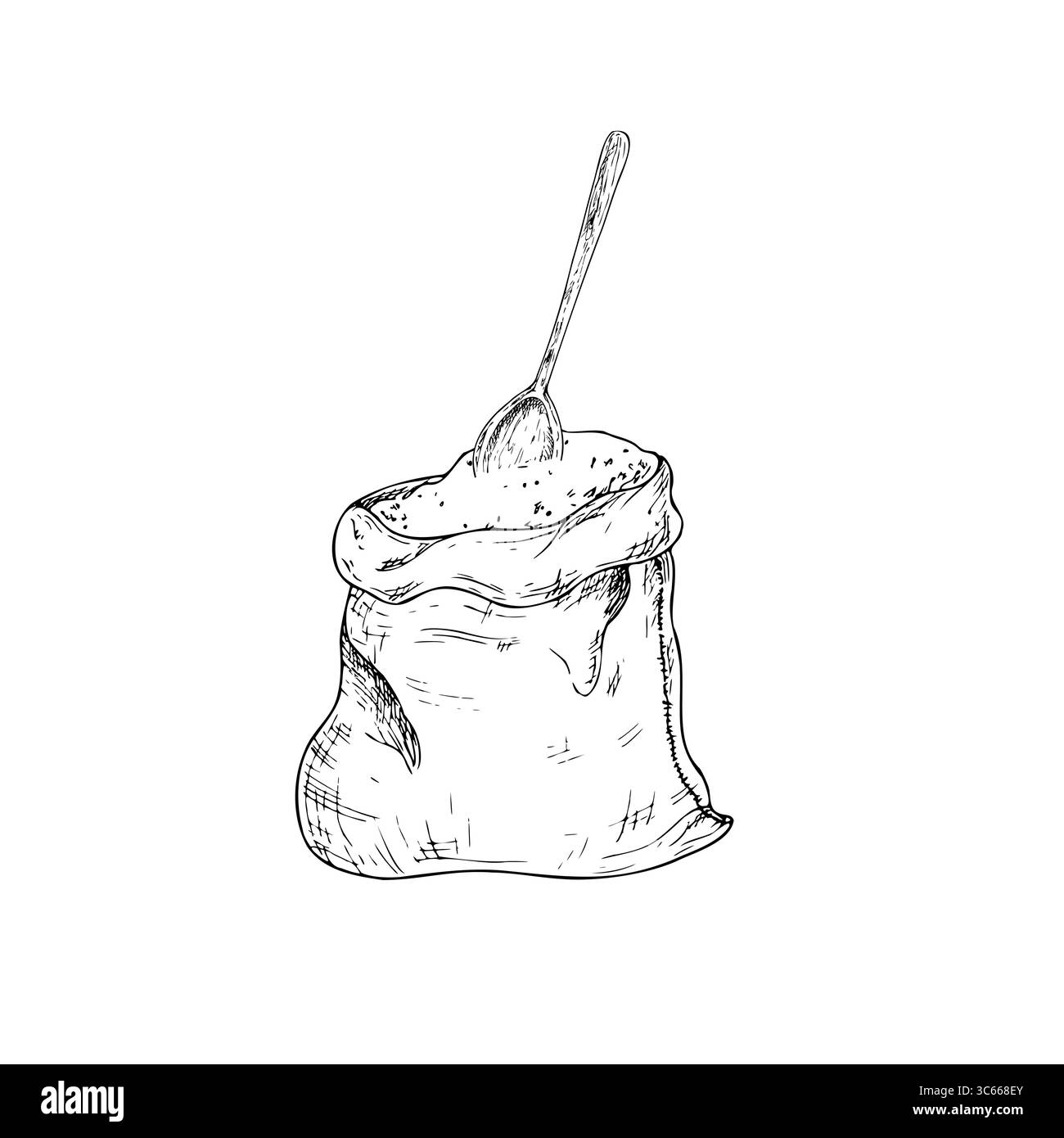 Borsa di tela vettoriale in tessuto pieno di grana con un cucchiaio di legno all'interno. Sacchetto di inchiostro grafico con farina, illustrazione a grana isolata sullo sfondo. Disegnato a mano Illustrazione Vettoriale