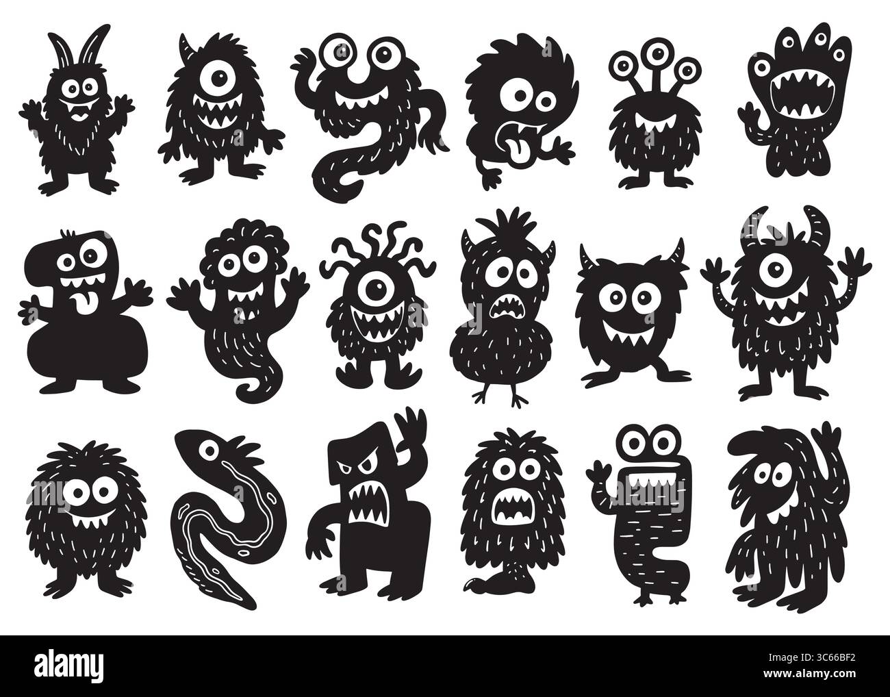 Collezione di silhouette di mostri. Illustrazione vettoriale su sfondo bianco Illustrazione Vettoriale