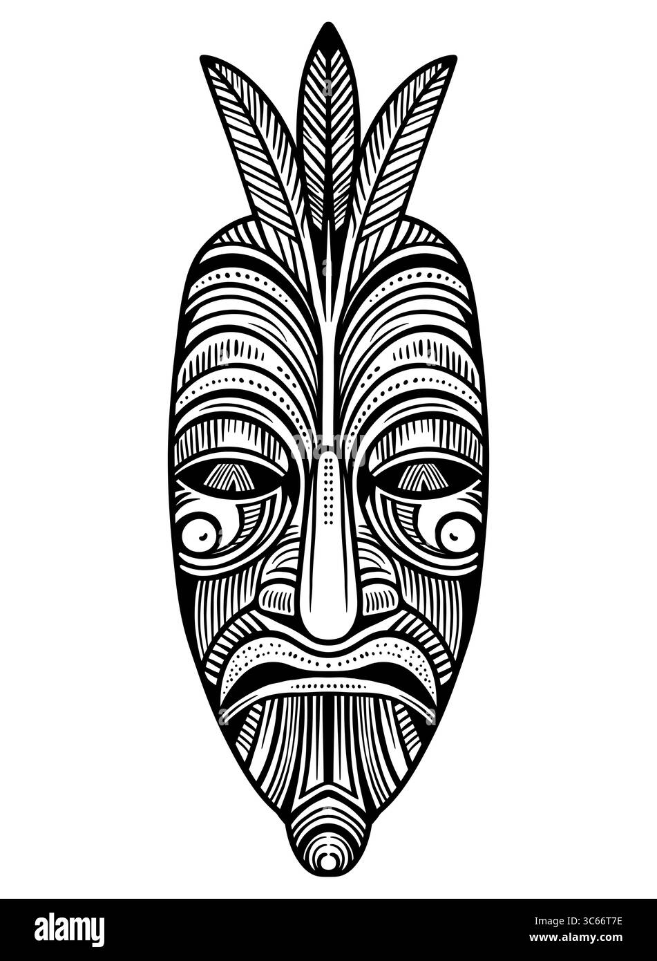 Illustrazione dettagliata della maschera tribale con disegno ornamentale ed espressione simbolica del viso. Ideale per branding, abbigliamento, tatuaggi, rituali, poste Illustrazione Vettoriale