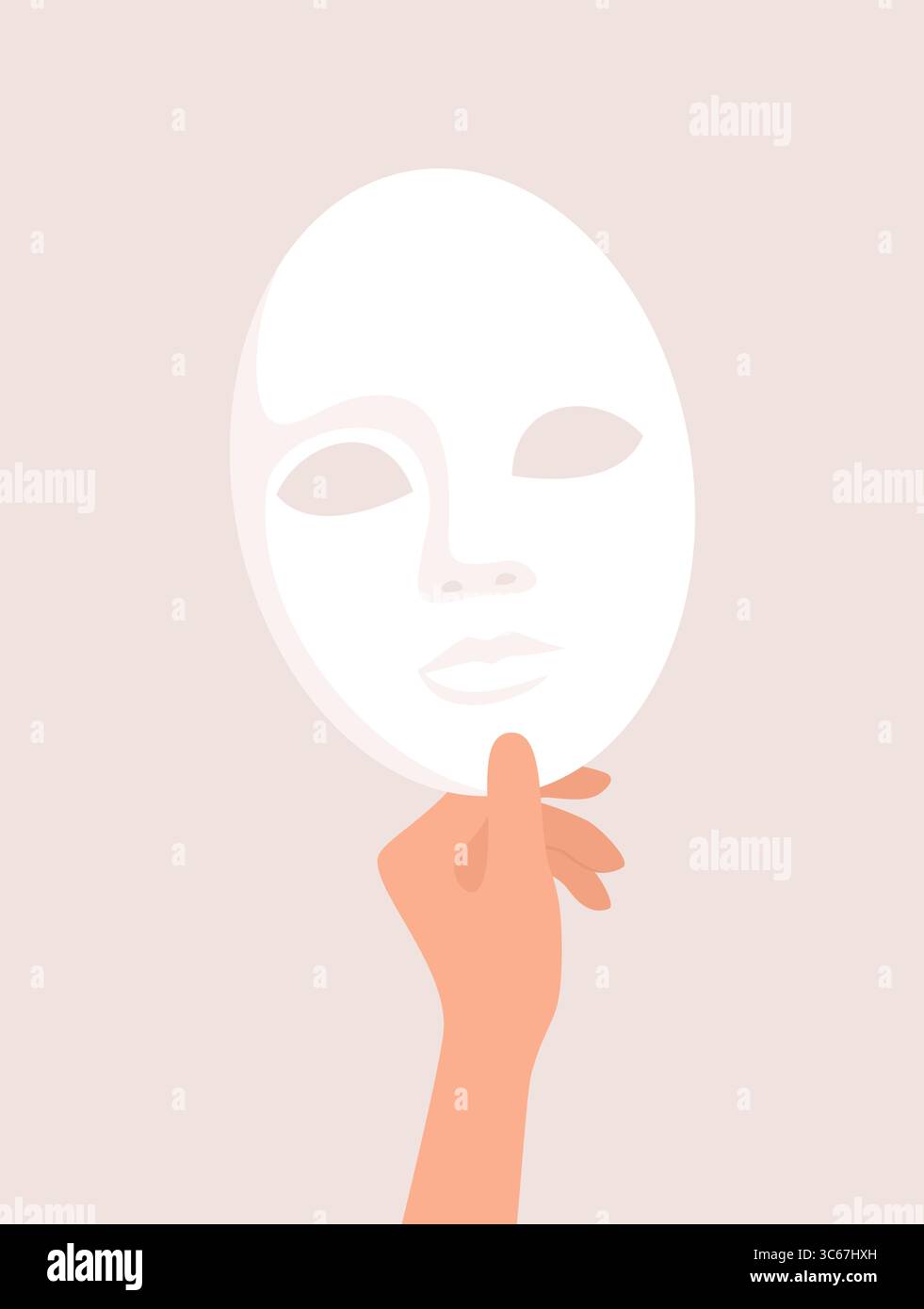 Mano che regge una maschera da teatro bianca a forma di volto umano su sfondo beige. Illustrazione vettoriale piatta Illustrazione Vettoriale