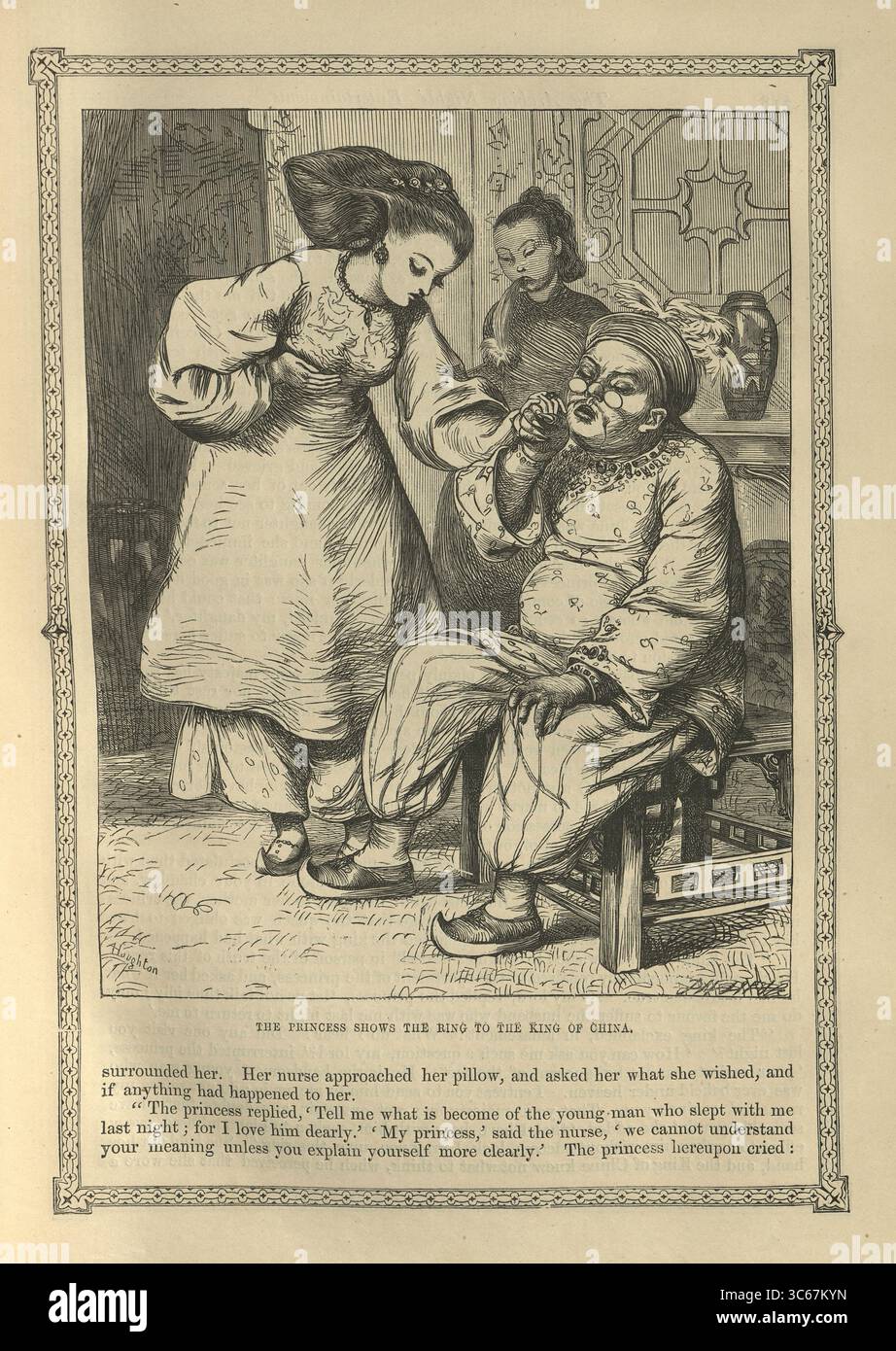 Illustrazione d'epoca mille e una notte, Principessa mostra l'anello al Re di Cina, racconti folcloristici arabi, mediorientali, dei Fratelli Dalziel. La storia del principe Camaralzaman Foto Stock