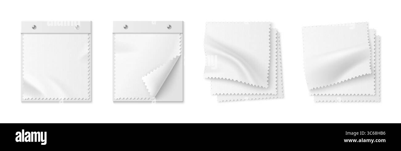 Set di campioni di tessuto bianco con motivo a zig-zag. Pezzi in tela vuota con angoli ripiegati per cataloghi di design per presentazioni alla moda o portafogli di decorazioni per interni. Illustrazione Vettoriale