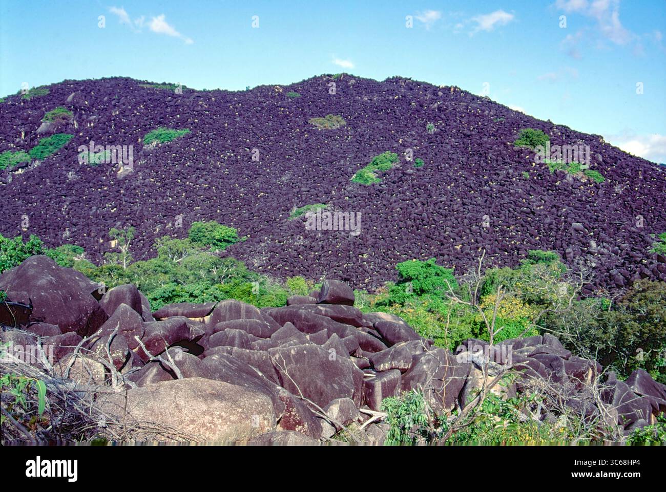 Black Mountain nel Kalkajaka National Park, Queensland, Australia. Il colore nero è causato da batteri blu-verdi (cianobatteri) che crescono su una g grigia Foto Stock