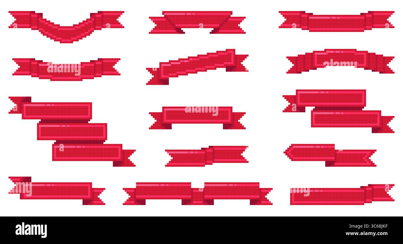 Nastri pixel. Risorse di gioco rosse a 8 bit, striscioni vintage vuoti, elementi di design retrò, bandiere, cornici ed etichette, nastri vuoti piegati e arricciati Illustrazione Vettoriale