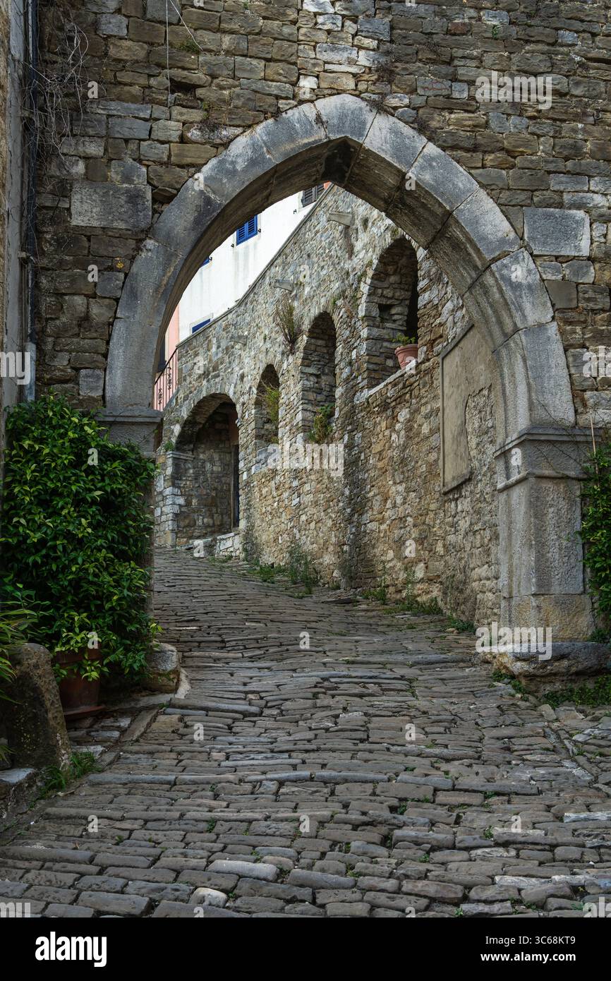 Storica strada in pietra che sale in salita attraverso un passaggio ad arco nell'antica parete medievale di Motovun, Istria, Croazia. Incantevole paesaggio urbano europeo perfetto per Foto Stock