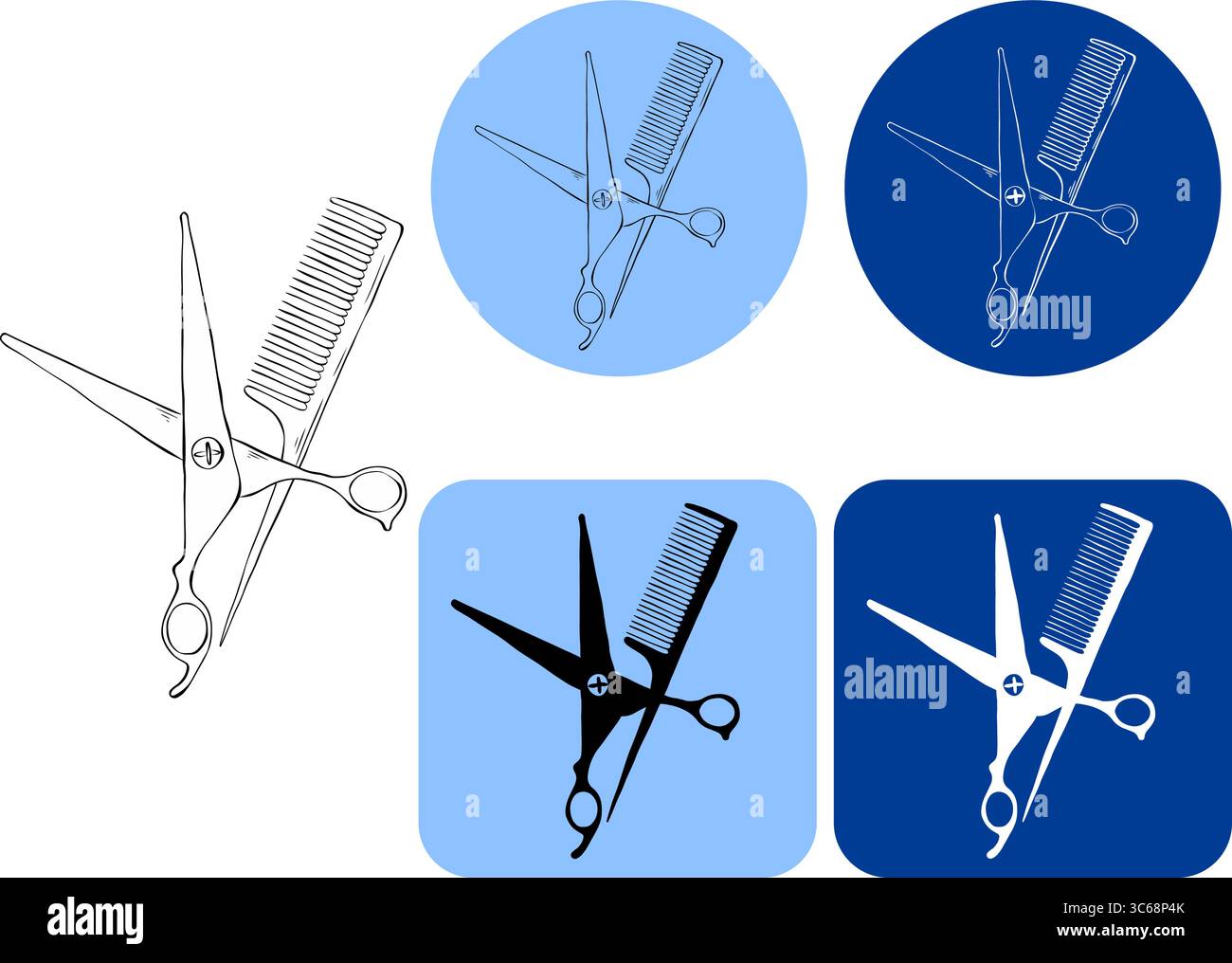 Forbici e spazzola per capelli logotipo Salon.. Illustrazione dell'inchiostro con linee grafiche vettoriali. icona grafica. Contrassegnare le forbici incrociate e la spazzola isolata sulla parte posteriore bianca Illustrazione Vettoriale