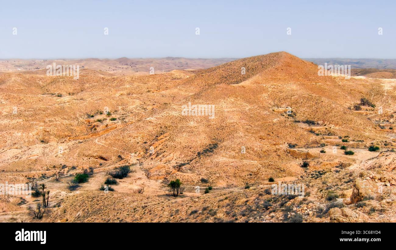 Paesaggio desertico di Matmata, terra secca e vegetazione minima, creando un'atmosfera serena che mette in risalto l'essenza della natura incontaminata. Tunisi sud Foto Stock