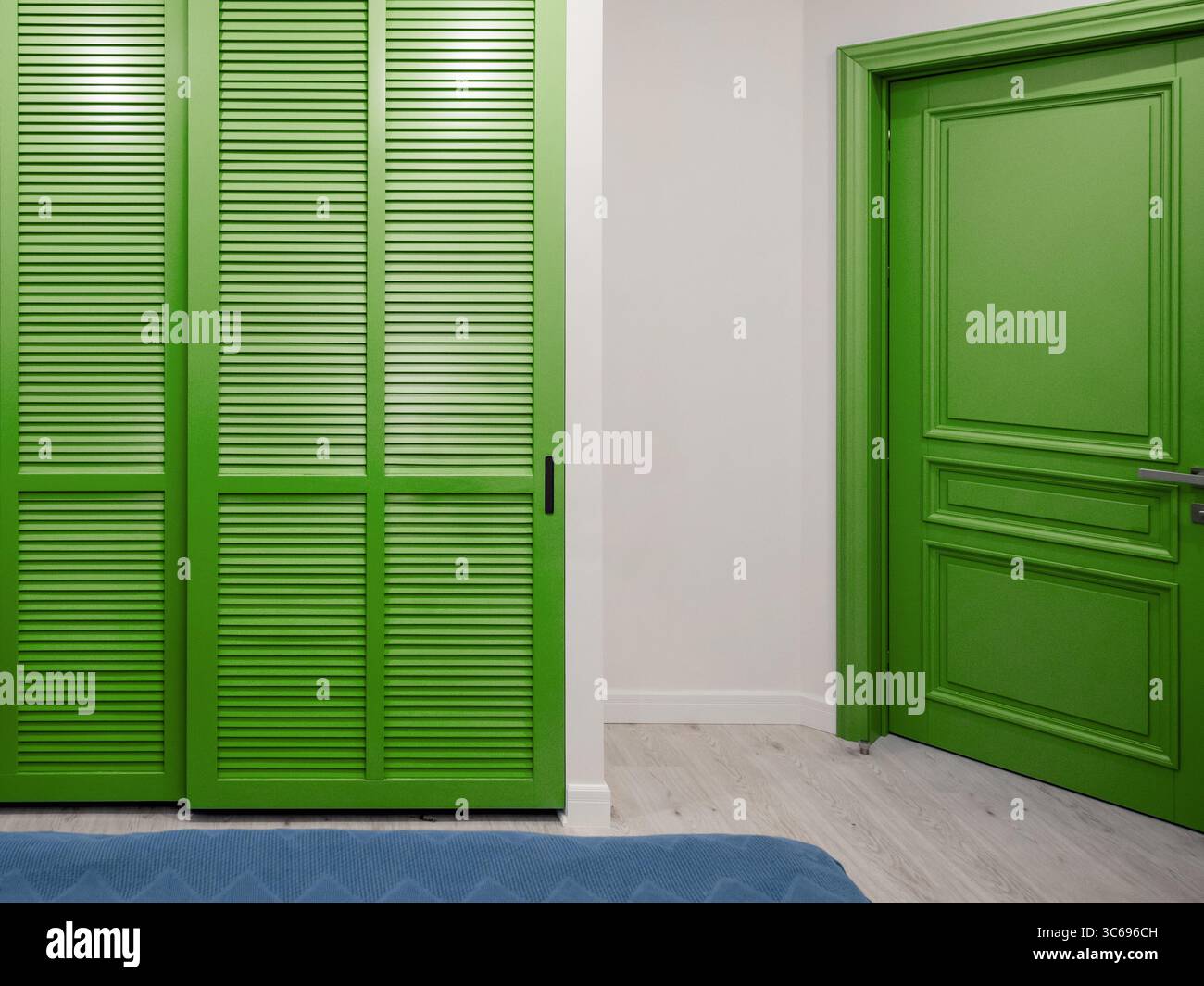 Interni con pareti bianche e porte verdi. Piccola camera con porte verdi per guardaroba e porta d'uscita verde. Foto Stock