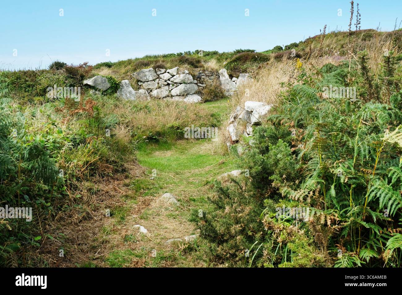 L'antico insediamento romano-britannico di Chysauster occupò il 100 - 300 d.C. situato sulle brughiere di Penwith, vicino a Penzance, Cornovaglia, Regno Unito - John Gollop Foto Stock