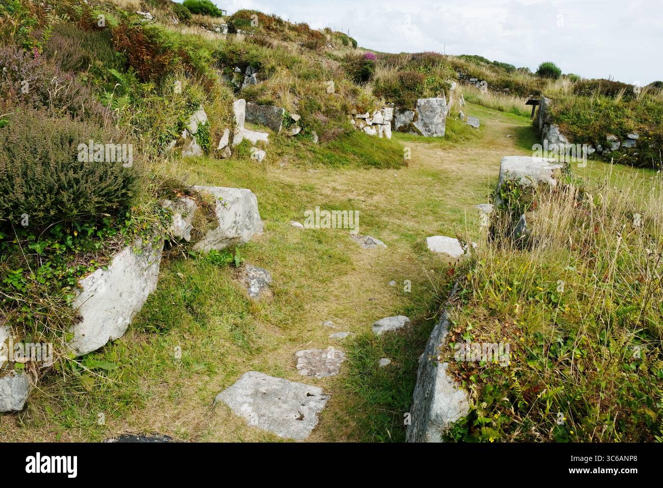 L'antico insediamento romano-britannico di Chysauster occupò il 100 - 300 d.C. situato sulle brughiere di Penwith, vicino a Penzance, Cornovaglia, Regno Unito - John Gollop Foto Stock