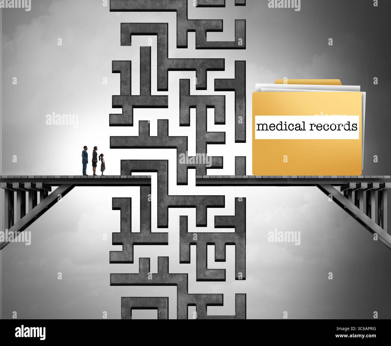 Accesso alle cartelle cliniche accesso ai file sanitari come frustrante e lento bloccato da ritardi confusi e burocrazia ospedaliera come una famiglia che si trova ad affrontare l'ostaggio Foto Stock