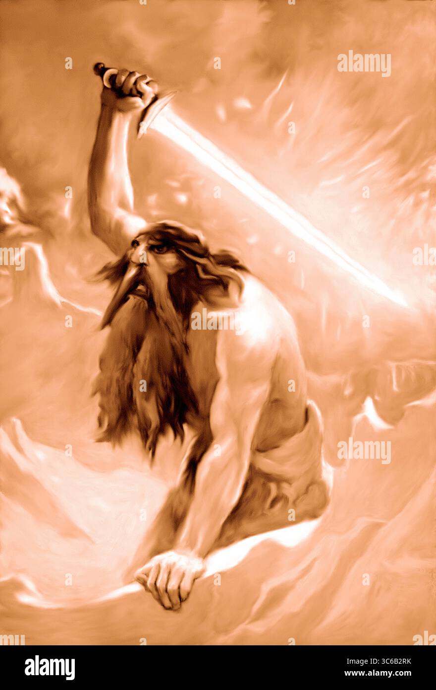 Riproduzione digitale dei concetti dipinti a mano dell'opera "The Giant with the Flaming Sword" dell'artista John Charles Dollman (1909). Foto Stock