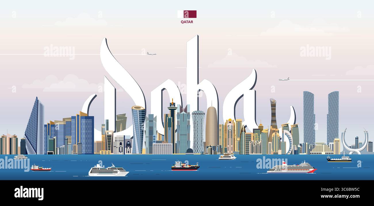 Immagine vettoriale colorata del paesaggio urbano di Doha con il nome della grande città sullo sfondo. Poster di tendenza per i viaggi Illustrazione Vettoriale